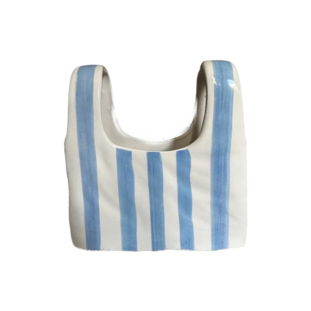 Room 2 Room Blue White Striped Ceramic Tote Bag Vase Coastal Decor